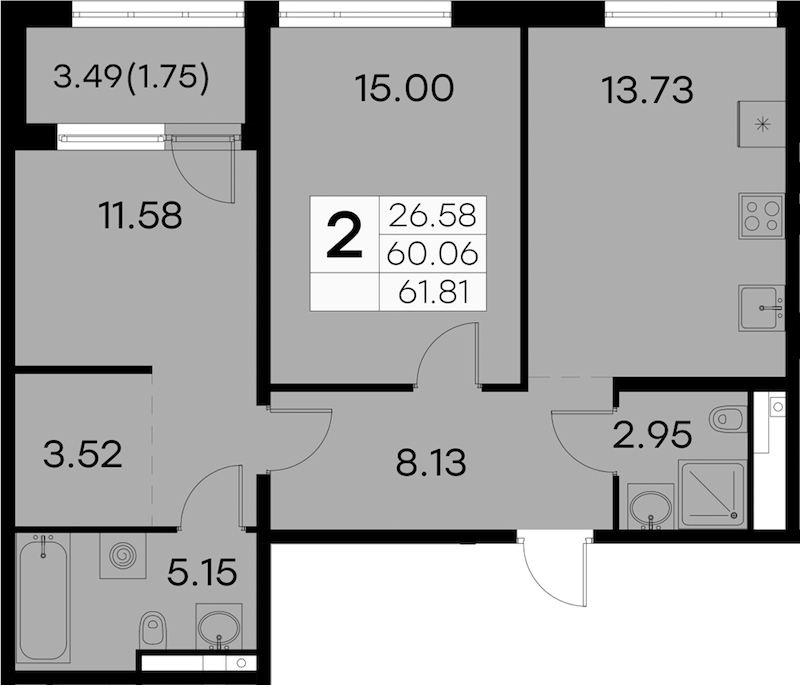 2-комнатная квартира 61.81 м², 2/8 эт., ЖК «GloraX Aura Vasileostrovsky»